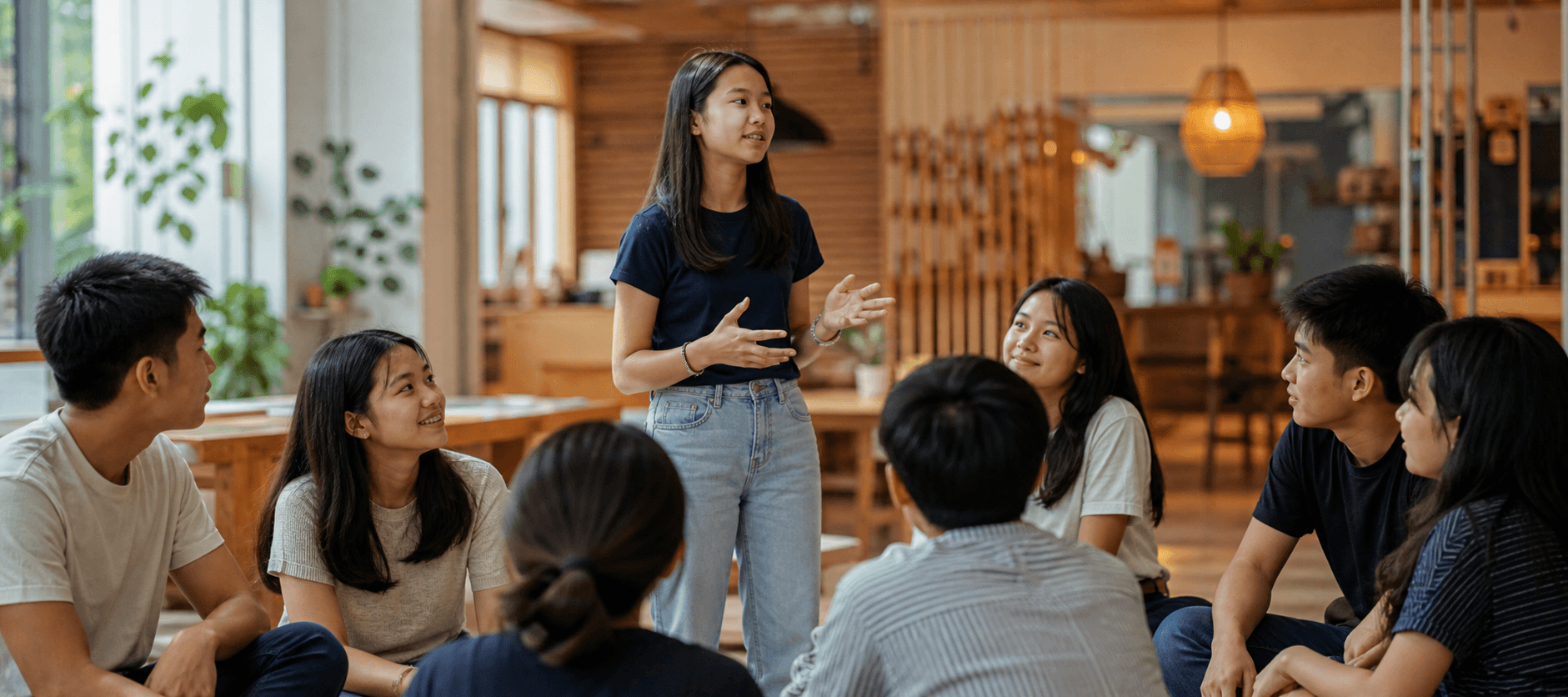 一名青少年在同伴围坐的学习活动中自信分享